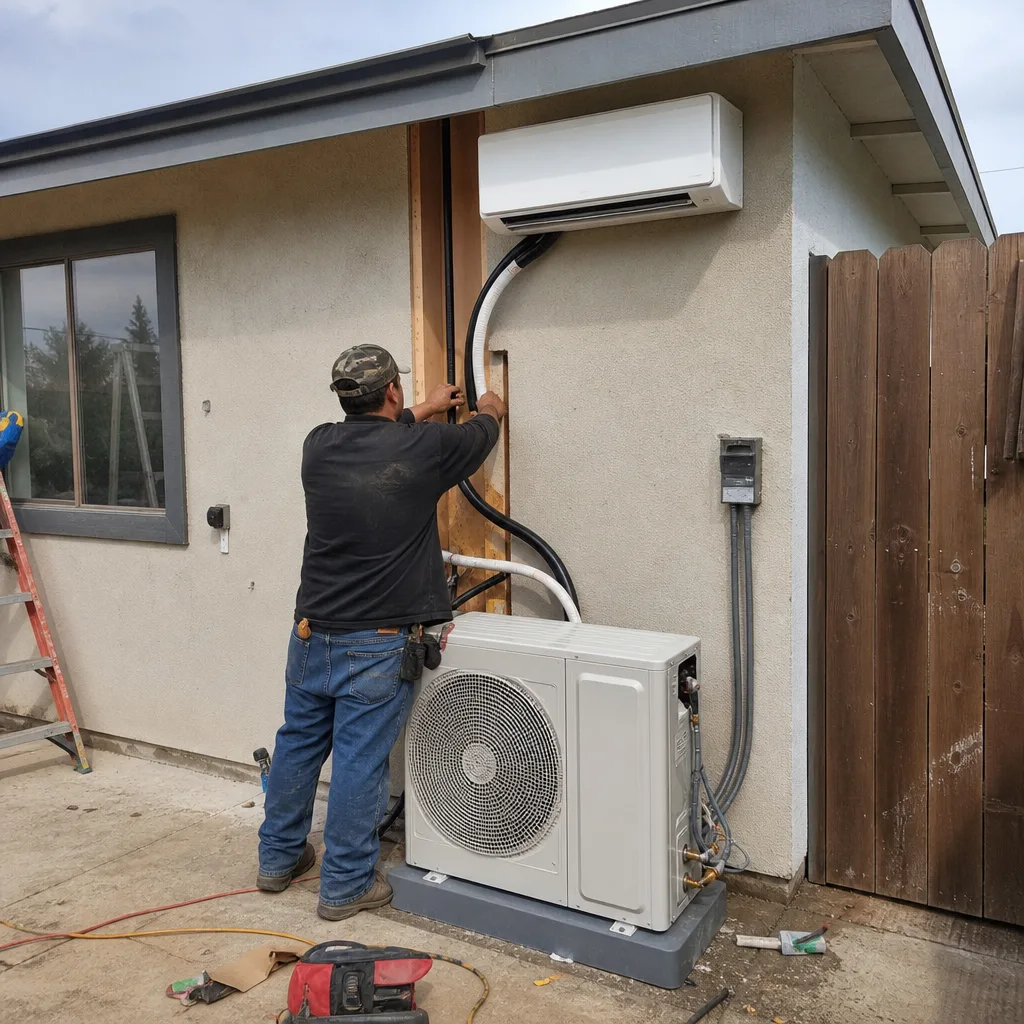 Contractor installing a ductless mini-split AC unit on an exterior home wall