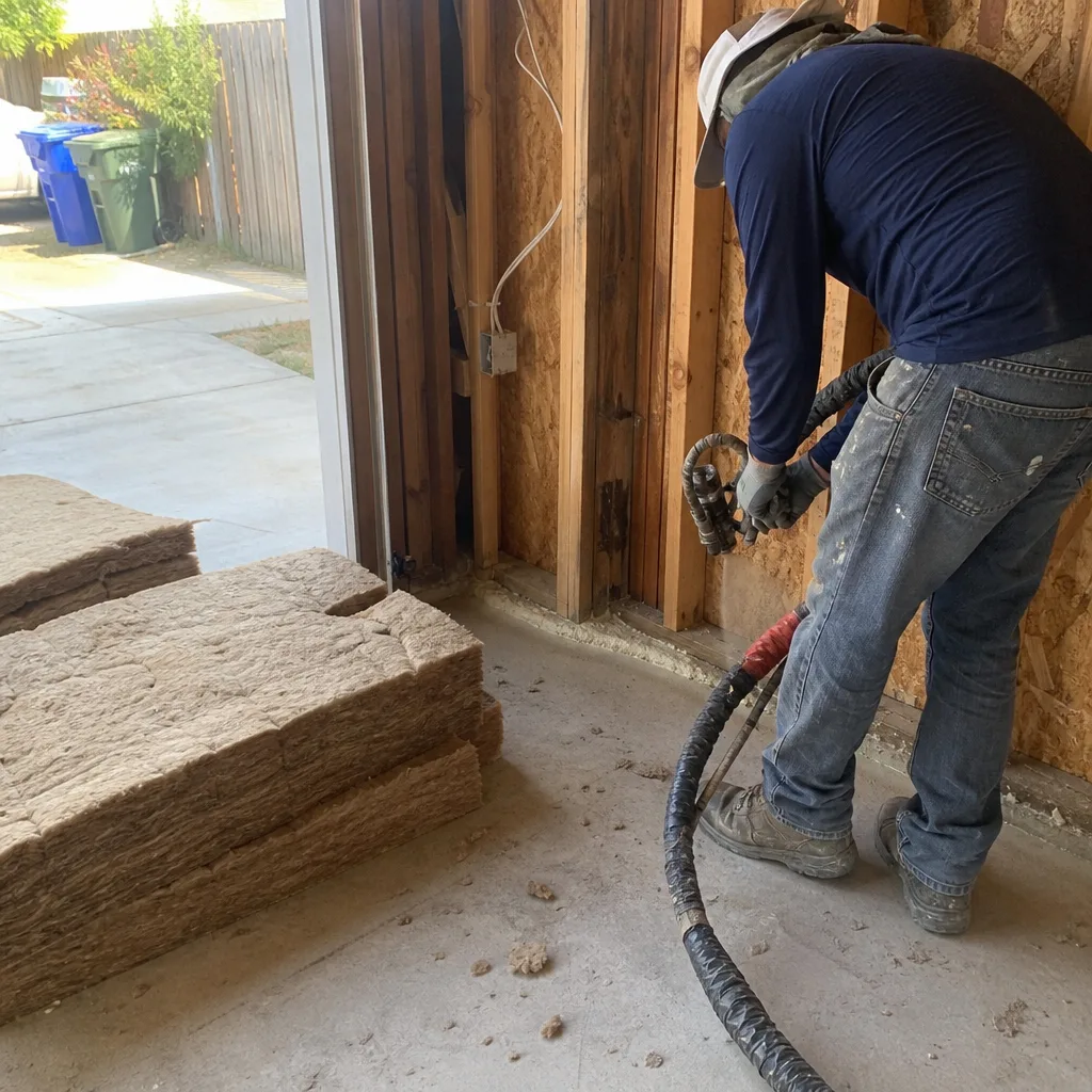 Contractor applying spray foam insulation for garage conversion