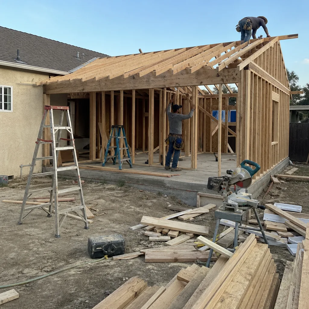 Contractors building a wooden home addition frame on a construction site
