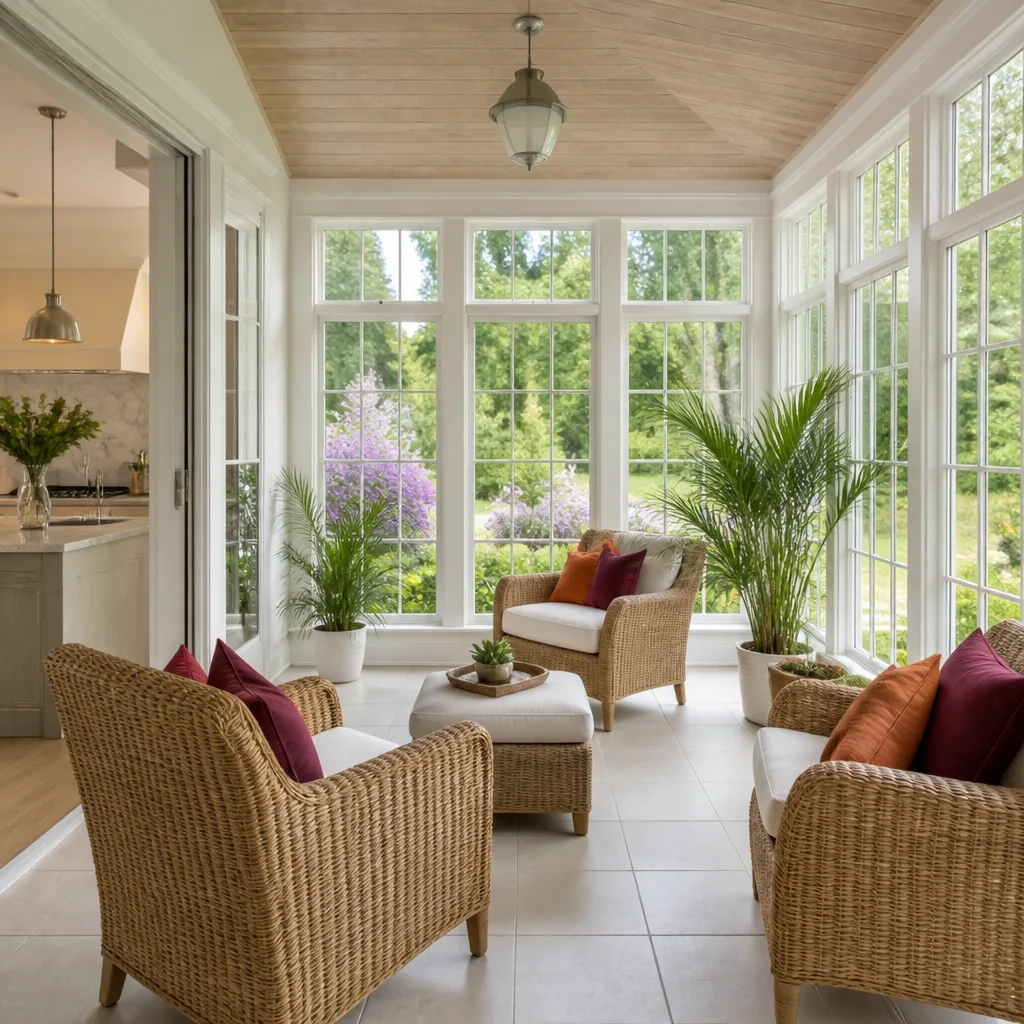 A new sunroom addition with three walls of windows