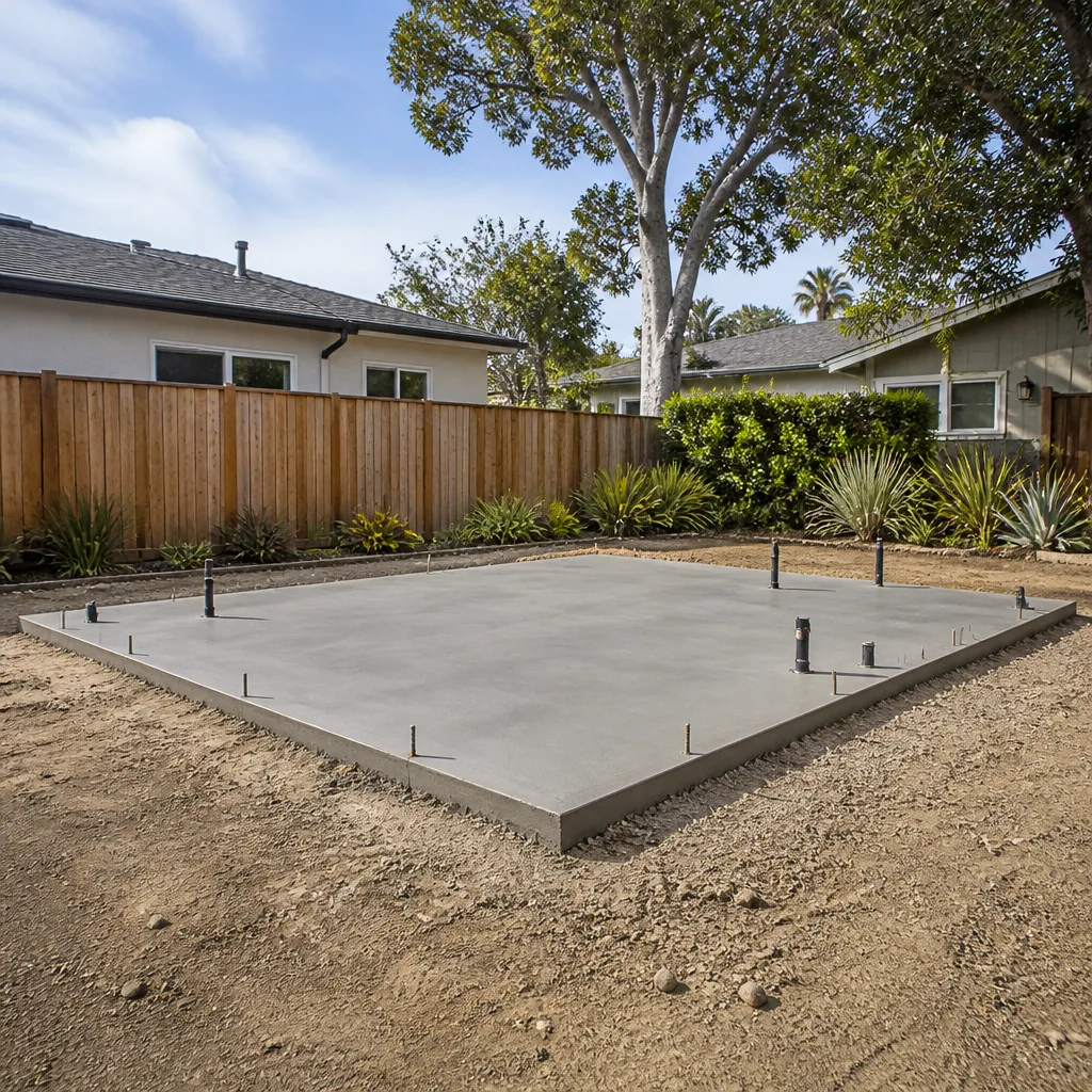 A fresh concrete slab for a backyard ADU